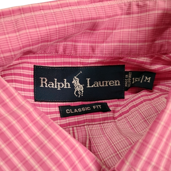 Ralph Lauren Pink and White Plaid Casual Button Down Shirt with Logo, 15 1/2 M - Picture 9 of 9